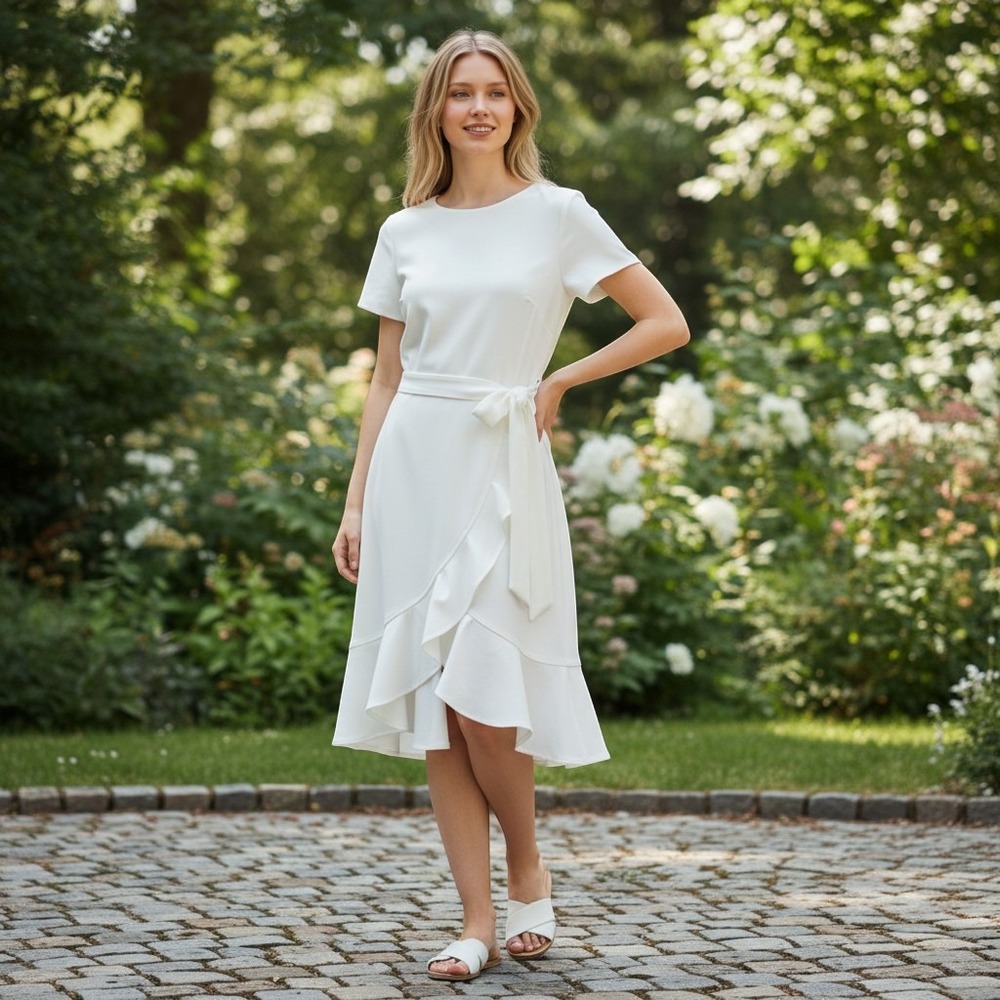 Calvin Klein Ruffle Faux Wrap Dress Womens 8 White Short Sleeve Crepe Sheath